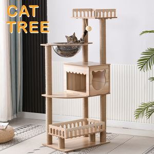 Arbre à chat moderne de luxe de 131cm, 51.57 pouces, tour pour animaux de compagnie, poteaux de maison à gratter, grand espace en bois, Capsule Condo