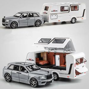 132 Legering Trailer RV Truck Automodel Diecast Metaal Recreatieve terreinwagen Camper Geluid en licht Kinderen Speelgoed Cadeau 240131