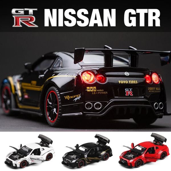 132 Skyline GTR R35 Racing Car Toy for Children Diecast Miniature Model Doors Openable Sound Light Collection Pull Back 240408