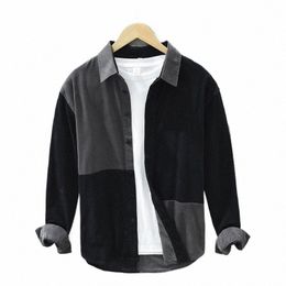 1339 Haute qualité Hommes Chemises en velours côtelé Lâche Couleur Patchwork Revers Casual Classique Vintage Japon Style FI Vêtements urbains Tops O4tZ #