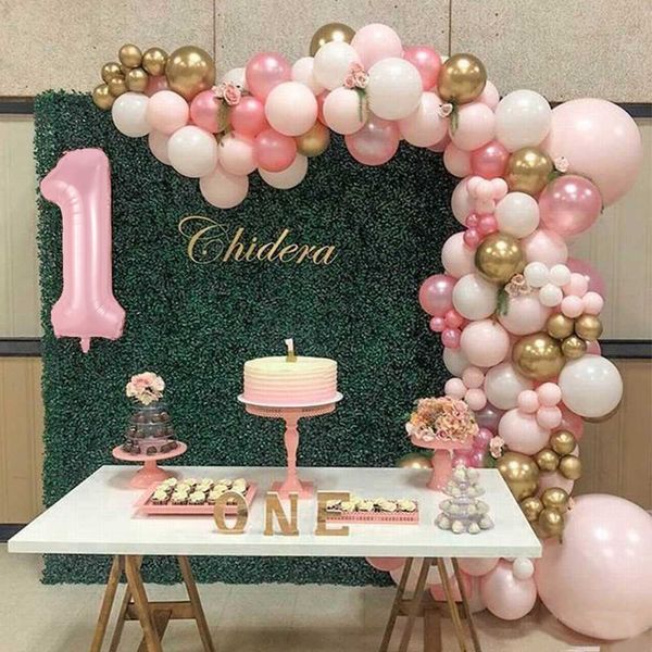 135 unids rosa blanco oro globo arco garland kit 1-9 número globos baby shower aire globos boda fiesta de cumpleaños decoraciones x0726