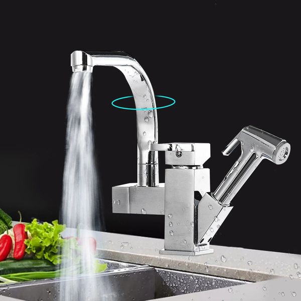 Grifo de rotación de 1360° para cocina, mezclador de grifos de agua giratorios con doble orificio para lavabo