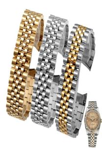 Chaînes de montres en or en argent de haute qualité de 13 mm 17 mm de haute qualité Polissage en acier inoxydable + bracelets de sangle de montre à extrémité incurvée pour Datejuste2512819