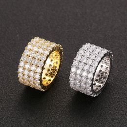 Anillo de tenis de 4 filas, 13mm, 6-12, Color cobre, dorado, plateado, circonita cúbica, anillos helados, joyería de Hip Hop 309U