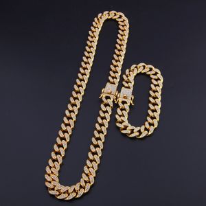 Cadena de eslabones cubanos de Miami de 13 mm, collar de oro y plata, conjunto de pulsera, diamantes de imitación de cristal helado, hip hop ostentoso para hombres
