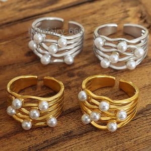 13mm Brede Rvs Multi Gelaagde Krul Golf Onregelmatige Ring Gesimuleerde Parel Ringen Vrouwen Franse Romantische Elegante Sieraden hot