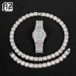 13mm breedte één rij bling steen ijsgemaakte ketting armband horloge set voor mannen goud zilver kleur Cubaanse hand ketting choker sieraden