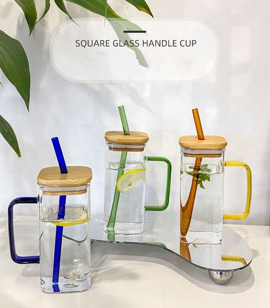 Vasos para beber de 13 oz con mango Vasos cuadrados con tapas de bambú y pajitas Cristalería elegante para jugo, cerveza, bebidas y cócteles Vasos de vidrio para bebidas