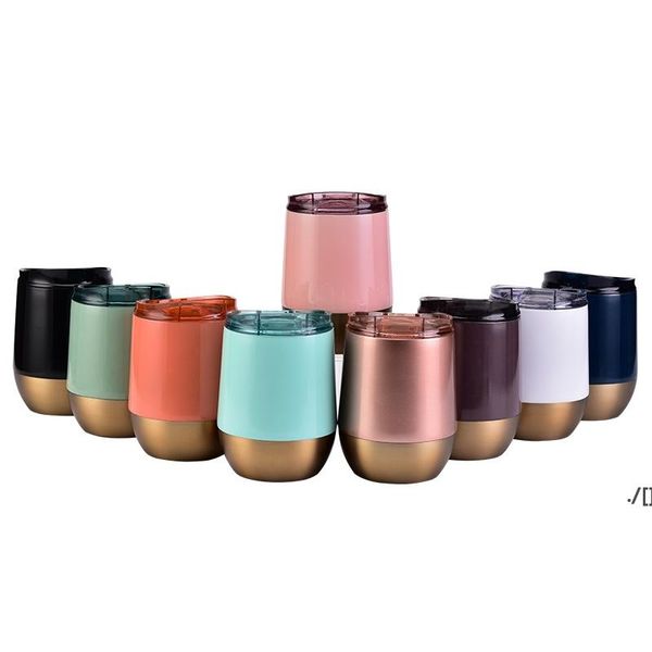 Taza de huevo de 13 oz Taza de vino de acero inoxidable Vaso de doble pared Huevos Forma Tazas Vasos con tapa Aislamiento de oro rosa Termo Café Cerveza Tazas YFA2965