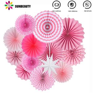 13pc papier rose fan rosettes ensemble papier étoile photo toile de fond suspendus décorations de fête pour anniversaire bébé douche décoration de mariage Y200903