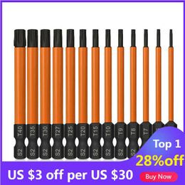 13pcs 75 mm Torx Bit Set Security Star S 1/4 inch Hex Shank Saboterbestendige schroevendraaier met magnetische punt