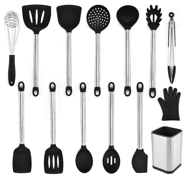 13 pcs Silicone Cuisine Ustensiles De Cuisine Ensemble En Acier Inoxydable Poignée Turner Spatule Cuillère Pinces Fouet Batterie De Cuisine Outils De Cuisine Ensemble 210326