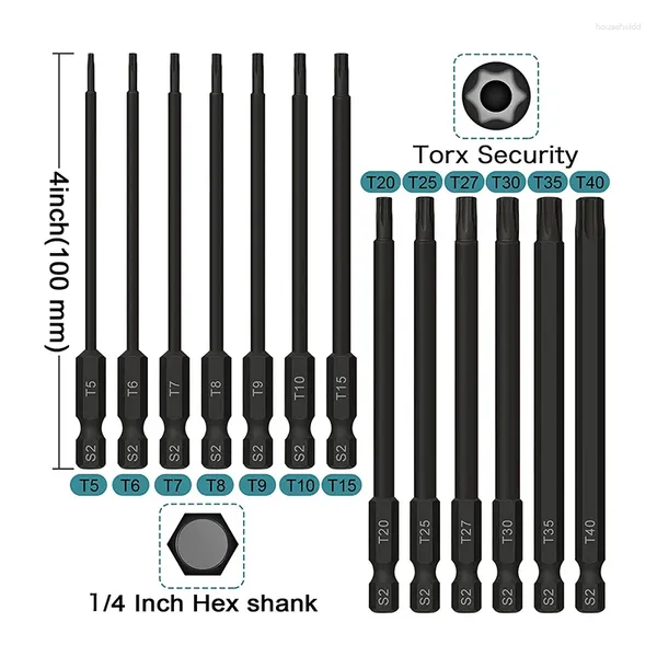 Juego de puntas Torx de 13 Uds., puntas de estrella de seguridad de impacto resistentes a manipulaciones, destornillador de 100mm con vástago hexagonal de 1/4 pulgadas