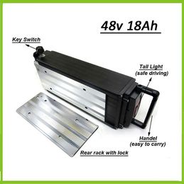 Batterie Lithium-Ion 13S, boîtier en aluminium 48V, pour support arrière de vélo électrique, 48V, 18ah, pour moteur 750W, avec lumière LED