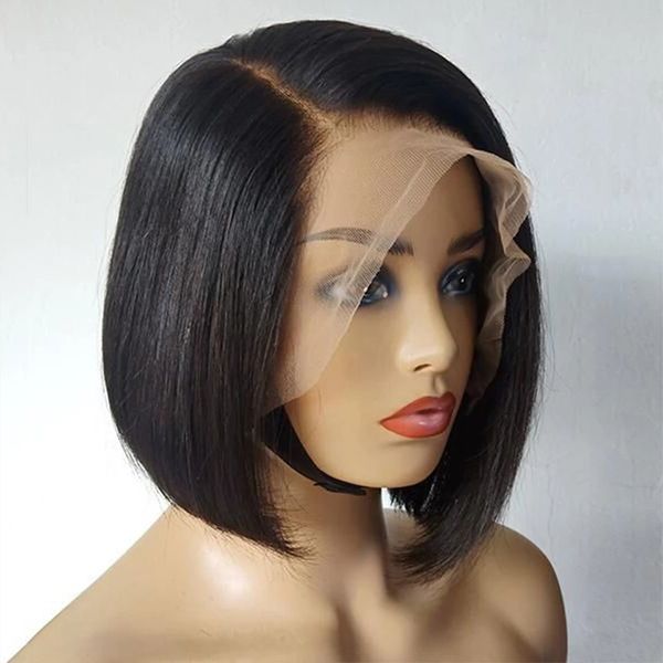 Perruque Bob Lace Wig brésilienne naturelle, cheveux lisses, avec raie latérale, 13x1, 8 à 16 pouces, pre-plucked, courte, pour femmes noires