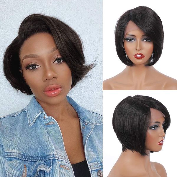 13x1 T Part Lace Bob Wig Cabello humano brasileño para mujeres negras # 1b Color natural Lindo Pixie Cut Pelucas