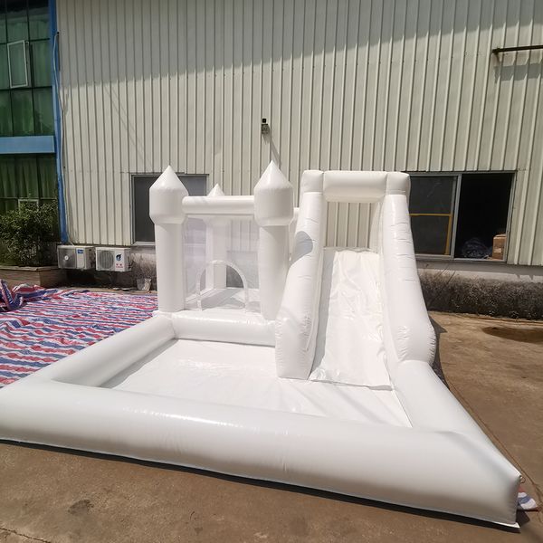 13x13ft Alquiler al aire libre Inflable Blanco azul rosa Casa de rebote Castillos de gorila Diapositiva Boda Salto hinchable Puente de castillo con piscina de bolas para niños con soplador 02