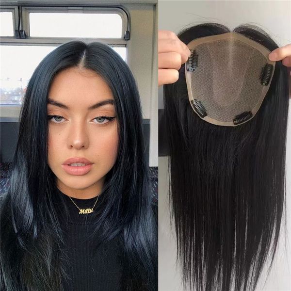 13x15cm Full Slik Base Hair Topper Couleur noire naturelle Morceaux de cheveux européens 130% de densité