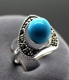 13x15mm Vintage 6mm Blauwe turquoises Marcasite 925 Sterling Silver Ring Maat 7 8 91055269