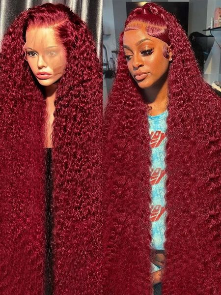 Pelucas de cabello humano con encaje Frontal 13x4 99J Borgoña suelto ondulado profundo 13x6 pelucas frontales de encaje rizado con ondas de agua de color rojo para mujer