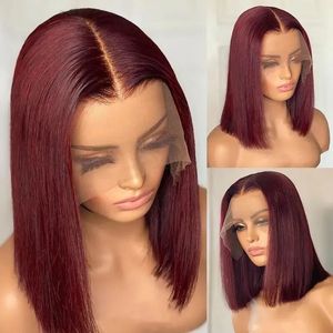 13x4 99J Short Bob Wig Human Hair Dark Red Bourgondië Gekleurd Volledig gezicht Bob Wig Black Vrouw recht vooraan 230125