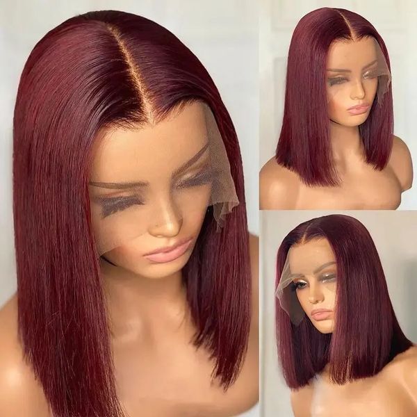 13x4 99J court Bob perruque cheveux humains couleur rouge foncé bordeaux pleine frontale Bob perruques coupe émoussée os droit avant pour femme noire