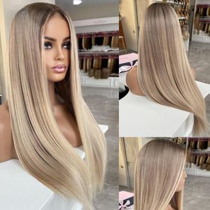 Perruque Lace Front Wig synthétique lisse blond cendré 13x4, perruque Lace Front Wig sans colle à reflets bruns pour femmes
