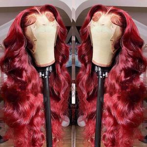 13x4 corps vague dentelle avant perruque de cheveux humains brésilien rouge couleur Remy perruques pour les femmes HD Transparent dentelle frontale perruque