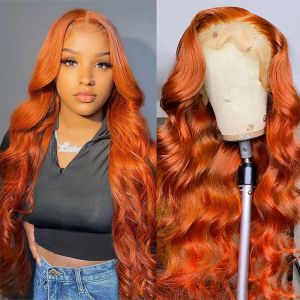 Perruque Lace Frontal Wig naturelle Body Wave Orange gingembre, cheveux humains, 13x4, 30 pouces Hd, sans colle, pre-plucked, couleur, pour femmes