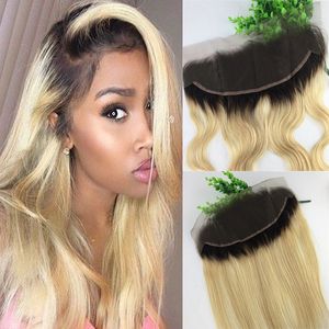 Perruque Lace Frontal Closure brésilienne lisse, cheveux humains vierges, blond ombré 1b 613, 13x4, Body Wave, nœuds décolorés, partie libre