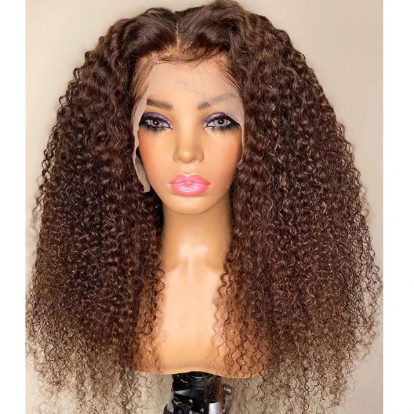 13x4 brun 40 pouces crépus bouclés perruques de cheveux humains brésilien Remy Jerry bouclés dentelle frontale perruque transparente synthétique dentelle avant perruque pour les femmes africaines