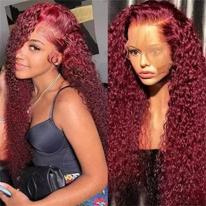 13x4 bordeaux rouge couleur profonde bouclée dentelle HD avant perruques de cheveux humains pour les femmes 99J vague d'eau dentelle frontale perruque cheveux humains