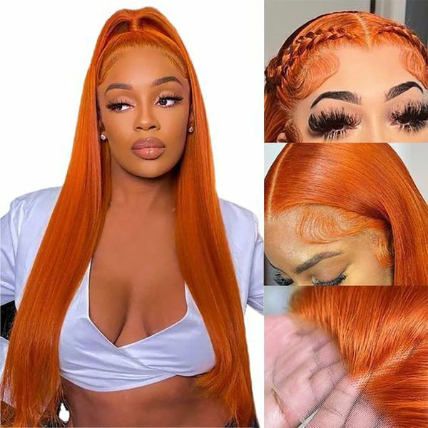 13x4 Ginger Orange Remy 13x6 Bone frontale droite frontale 36 pouces HD en dentelle transparente Pernues de cheveux humains pour femmes 6954