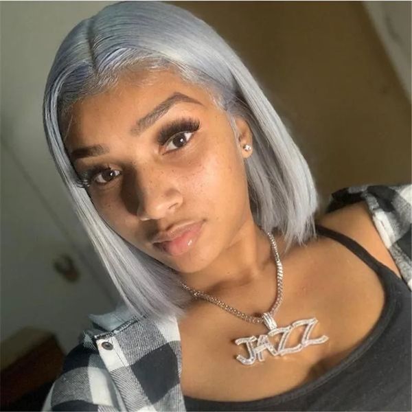 13x4 Gris Couleur Court Bob HD Transparent Lace Front Perruque Remy Cheveux Humains Sans Colle Prepluck Pixie Cut Frontal Perruques 613 bob perruque de cheveux bruts