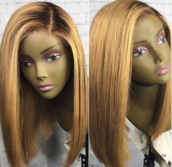 Perruque Lace Front Wig naturelle brésilienne Remy, cheveux courts, blond miel 13x4, T1B27, 130, racine noire, nœuds décolorés, ratio moyen 2582012