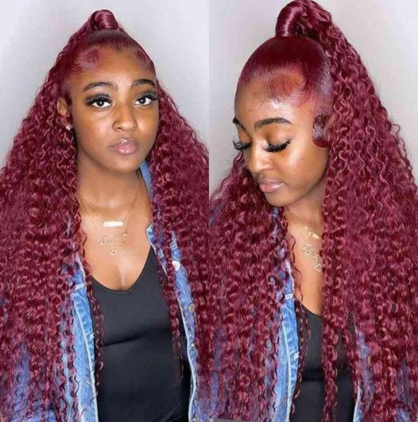13x4 Human Hair S for Women Water Curly 99J Burgundy HD Lace 13x6 Loose Deep Wave Red Colored Frontal Wig6120551306823