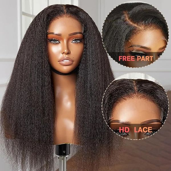 Perruque Lace Front Wig naturelle Yaki lisse et crépue, cheveux lisses, 13x4, Transparent HD, avec naissance des cheveux naturelle, pour femmes noires