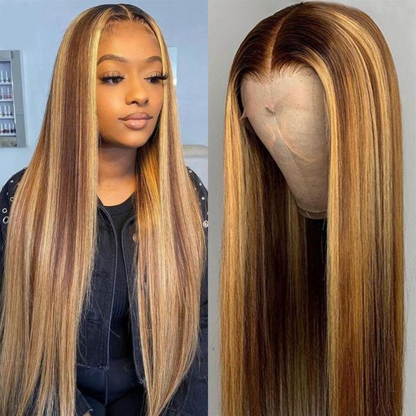 13X4 Lace Front Perruques de Cheveux Humains 130% Densité Droite Ombre P4 27 Highlight Coloré Brésilien Wig274P