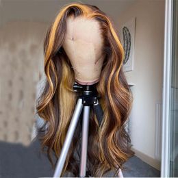 13x4 Lace Frontal Wigs Transparent Hd Ombre Highlight Body Wave Brown Blonde Human Hair Wig 30 32inch 150% densité Brésilien Wavy sans couture