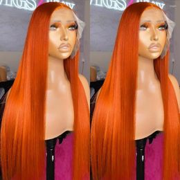 Perruque Lace Front Wig brésilienne naturelle, cheveux lisses, sans colle, Orange gingembre, 13x4, pre-plucked, pour femmes