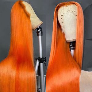 13x4 Orange Ginger Lace Front Perruques de Cheveux Humains Pré Cueillis Droite 220% Densité 4x4 Fermeture Brésilienne Sans Colle Perruques 30 32 34 Pouces 360 Frontal