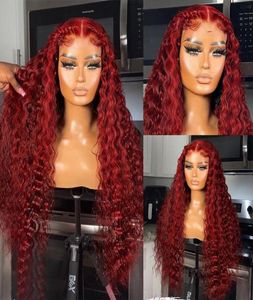 13x4 Rode kleur 180 krullende mensenpruiken voor vrouwen 99J Bourgondische transparante Deep Wave Lace Frontale Wig Synthetic2170230