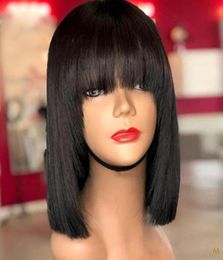 Peluca con flecos Bob recta 13x4 con flequillo pelucas de cabello humano con frente de encaje corto Remy brasileño 130 150 densidad relación media blanqueada 3858123