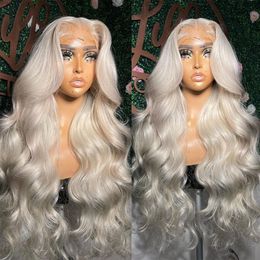 Perruque Lace Frontal Wig synthétique transparente HD 13x4, cheveux naturels, couleur blond platine, blanc #60, Loose Wave, pour femmes
