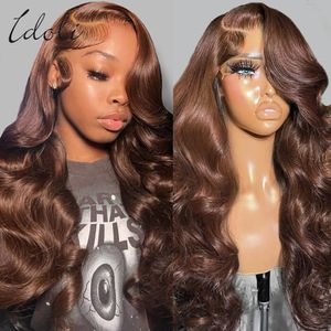 13x6 Chocolate Brown Body Wave Avant HD Perruque frontale en dentelle transparente Perruques de cheveux humains colorés pré-cueillis 180% 240416