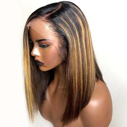 13x6 mettre en évidence perruque 180% 4/27 Ombre brun court Bob perruques brésilien Remy cheveux miel blond dentelle avant perruque couleur perruques de cheveux humains