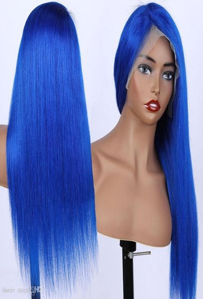 13x6 soyeux droit bleu 24 pouces Afro femmes crépus droites courtes perruques bleu Pick brun Cosplay cheveux synthétiques résistant à la chaleur6248845