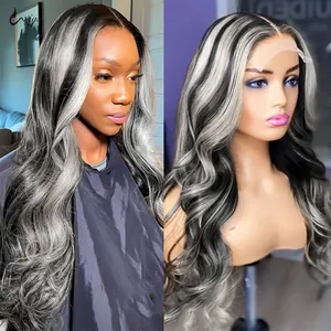 13x6Highlight Ombre Pruik van echt haar Hoogtepunt Pruik Menselijk haar Zwart en grijs blond Body Wave Kanten Voorkant Pruik van echt haar voor vrouwen