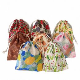 14 * 16cm Style japonais Fr plantes cordon Cott sac de rangement cadeau bonbons bijoux organisateur maquillage cosmétiques pièces clés sacs K6OS #