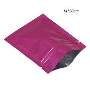 Bolsas de embalaje de mylar con cierre de cremallera resellable púrpura de 14 * 20 cm Bolsas de almacenamiento de café o té Bolsas de fondo plano brillante para bocadillos y galletas